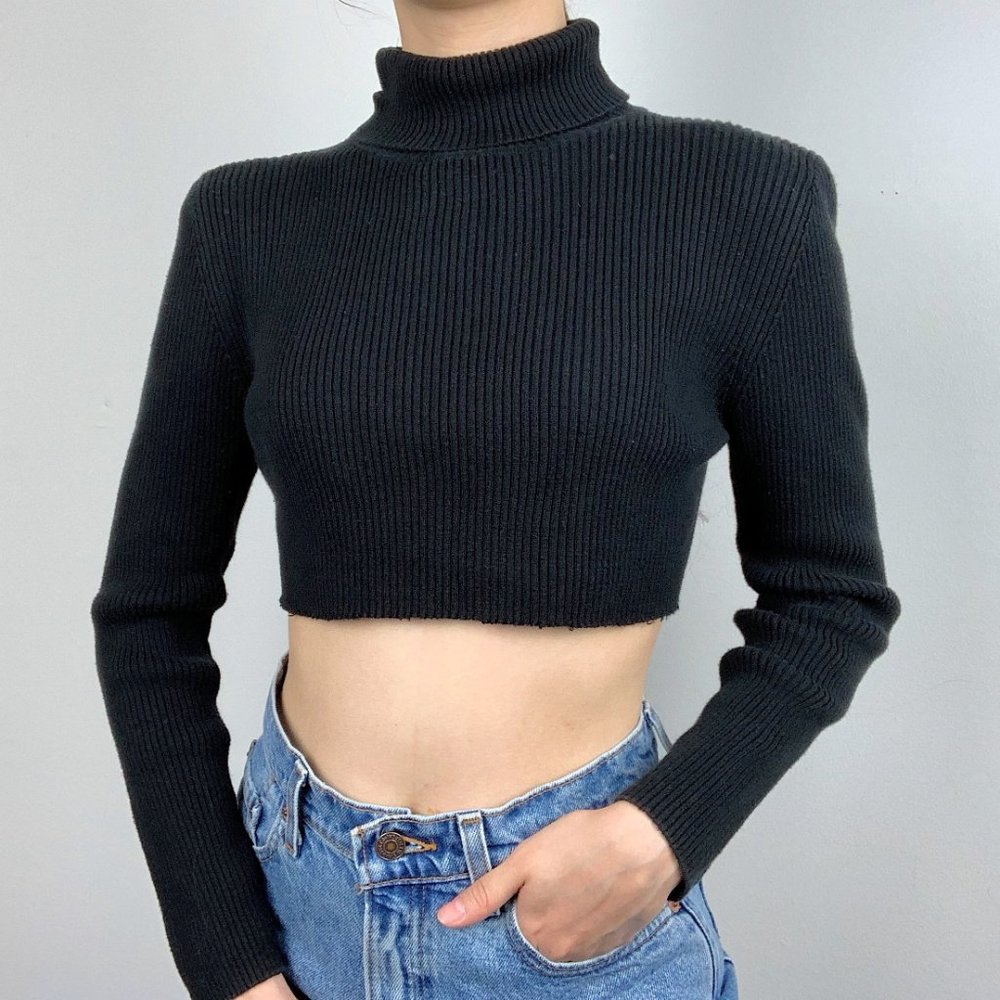 Vintage 90s Y2K Black Turtleneck Crop Top Sweater - Picture 3 of 7
